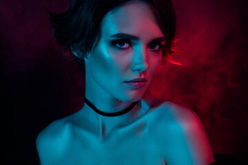 Close up photo of elegant scary vamp lady horror nightmare isolated on smoke gradient bright color...