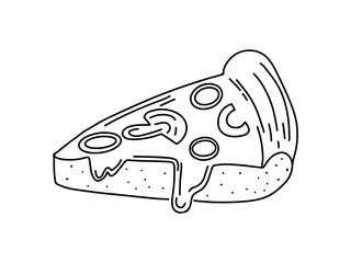 Pizza slice with mushroom and melted cheese in Hand drawn doodle Sketch. Decoration for greeting cards, posters.