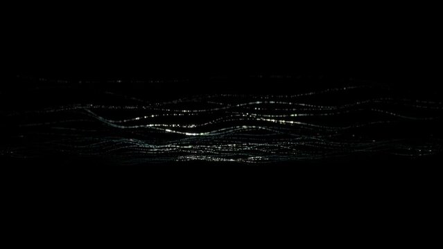4k 60 fps. Dots wave. Abstract background. Neon light. Particle effects. Isolated on black backdrop. Motion design. Seamless loop. Big data concept. Monochrome