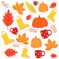 Autumn pattern with pumpkins, cacao and leaves. Autumn illustration