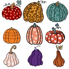A colorful pumpkins of various shapes. Collection of cute hand drawn pumpkins on white background. Autumn decorative design, halloween invitation, harvest elements