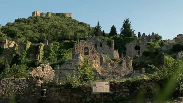 Ancient ruins of Mystras town near Sparta, Greece. UNESCO world heritage archaeological sight. 