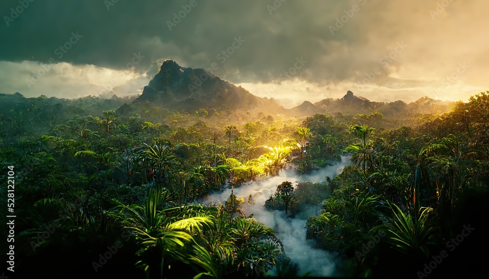 Canvas Prints A thick fog settled between the trees in the mountain tropics. 3D rendering