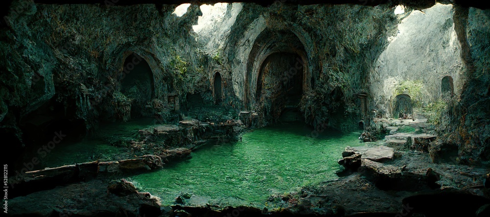 Poster the sun's rays shine into an underground cave with a pool of water inside. 3d rendering.