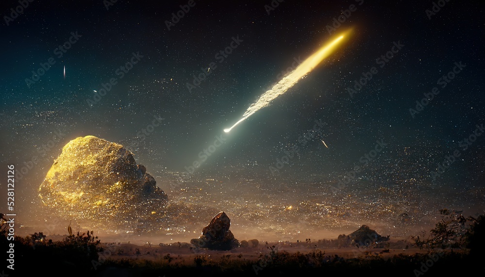 Poster a comet flies across the starry sky toward the desert. 3d rendering
