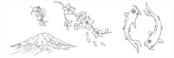 Mountain fuji, cherry blossoms, fishes 
