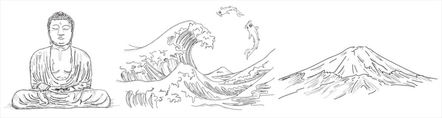 The Great Wave of Kanagawa, The great buddha, mountain fuji. Sketch hand drawing vector illustration