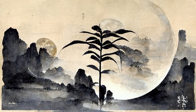 Chinese traditional painting done in black ink on white canvas. 3D rendering