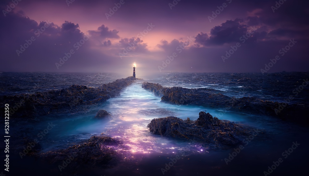 Poster at the end of the stone ridge stands a lonely lighthouse. 3d rendering