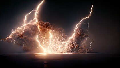 Two powerful lightning bolts passed through the cloud and struck the ground. 3D rendering - obrazy, fototapety, plakaty
