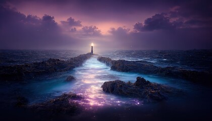 At the end of the stone ridge stands a lonely lighthouse. 3D rendering - obrazy, fototapety, plakaty