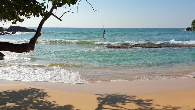 The Indian Ocean is seen from the betfred trees. Beautiful shiny turquoise waves wash over the yellow sand. High quality FullHD footage