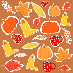 Leaf fall seamless background. Autumn pattern with pumpkin, cacao and leaves.