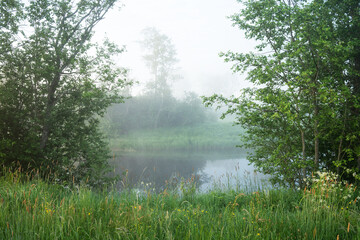 A view to a river on a misty late spring morning in Estonia, Northern Europe