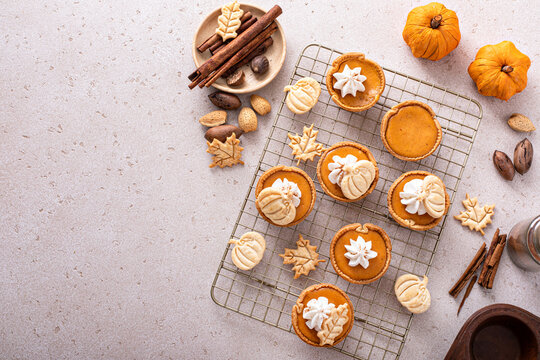 Mini pumpkin pies with wipped cream and cinnamon