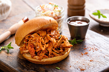 Pulled bbq chicken on a brioche bun