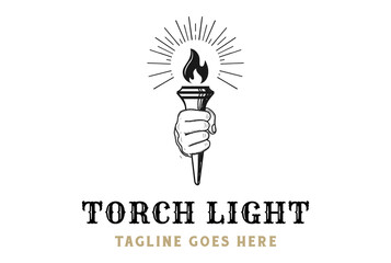 Vintage Sketch Hand hold Torch Fire Flame Light for Sport Event Logo Design Vector