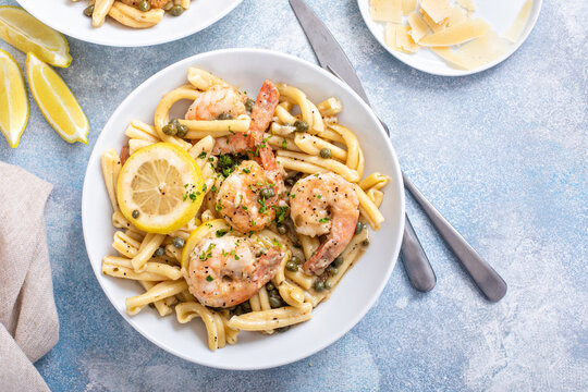 Shrimp piccata pasta with lemon and parmesan