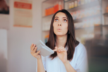 Confused Pharmacist Calculating Inventory Items in the Drugstore. Stressed business manager bookkeeping making a financial analysis 
