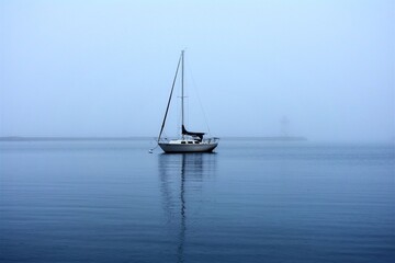 Sailboat in fog on lake in morning 