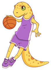 Cartoon character gecko basketball player. Illustration of a cute lizard playing basketball isolated on white background for the design of children's sports sections and events