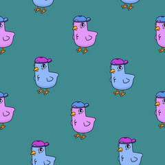 Cheerful youth pattern with colored doves. Colorful background with birds in cartoon style for covers of notebooks, sketchbooks and notepads