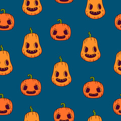Fun Halloween pattern with cute festive pumpkins in cartoon style