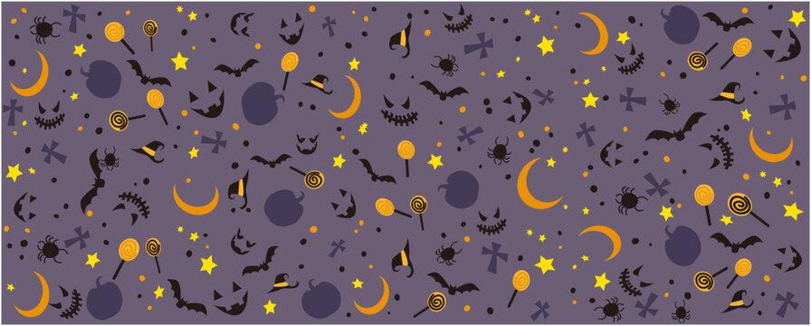 Happy Halloween concept repeated pattern. Halloween decorative elements wallpaper. Pumpkin, face, monster, bat, spider and candies design graphic. Vector illustration.
