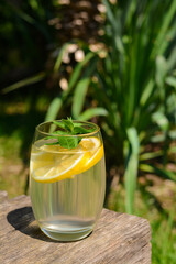 Refreshing water with lemon and mint on wooden table outdoors