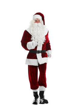 Full length portrait of Santa Claus walking on white background