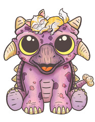 Obraz premium baby dinosaur with a sleeping cat on his head