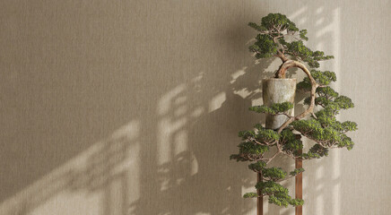 Beautiful shape and form traditional japanese bonsai miniature tree in a pot on the stand with sunlight and chinese pattern window frame on brown fabric wallpaper. Zen, Philosophy, Oriental, 3D render - obrazy, fototapety, plakaty