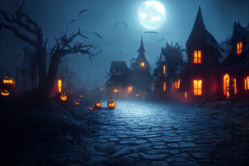 Fototapeta na wymiar Spooky Halloween homes, Pumpkins and Jack O'lanterns, foggy moon night