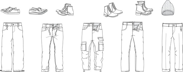 Technical drawings of men's pants and boots, sneakers, shoes, and men's cold caps.