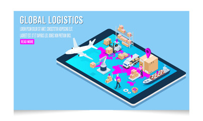 3D isometric concept of Global logistic network and Smart Logistics with Delivery, transport, export, import, cargo and more. Vector illustration eps10
