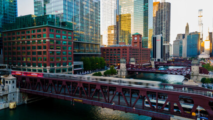 Chicago, IL USA September 1 2022: establishing aerial drone footage of  the Chicago downtown  train...