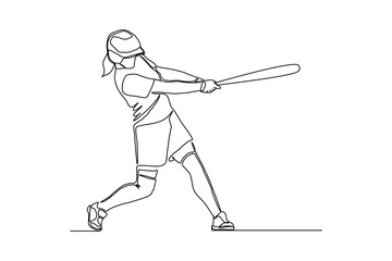Fototapeta premium Continuous single one line art drawing of baseball player american cricket woman player vector illustration
