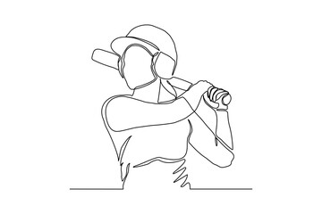  Continuous single one line art drawing of baseball player american cricket woman player vector illustration