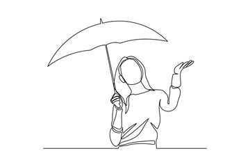 Continuous single one line art drawing of business woman holding open umbrella vector Illustration - obrazy, fototapety, plakaty