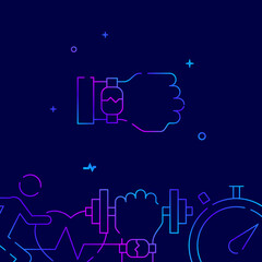 Fitness bracelet on hand gradient line vector icon, simple illustration on a dark blue background, fitness related bottom border.