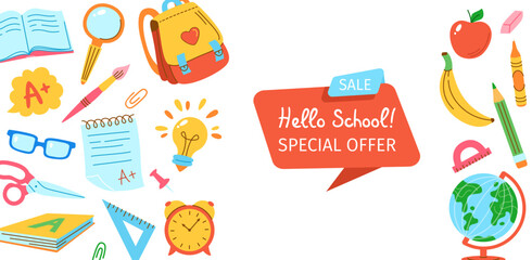 Back to School welcome banner. Advertisement poster template with learning school supplies. Background education objects for student, backpack, light bulb, alarm clock, globe, brush, child invitation