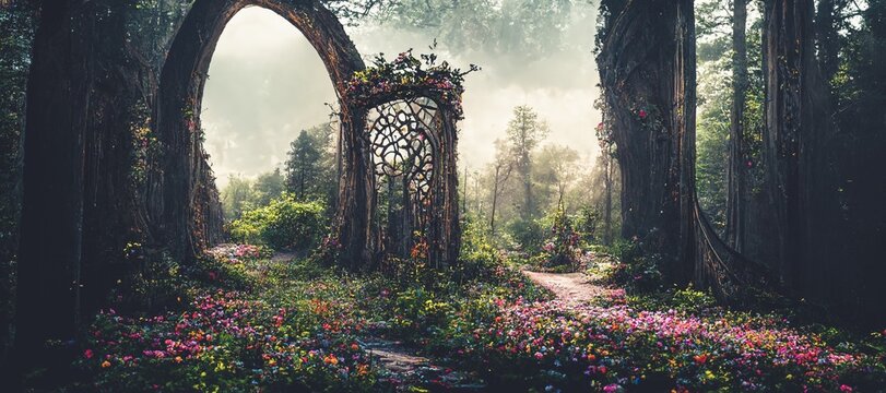 Spectacular archway covered with vine in the middle of fantasy fairy tale forest landscape, misty on spring time. Digital art 3D illustration.