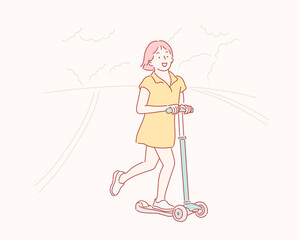 Fototapeta premium Girl playing with the kick board. Hand- drawn style vector design illustrations.