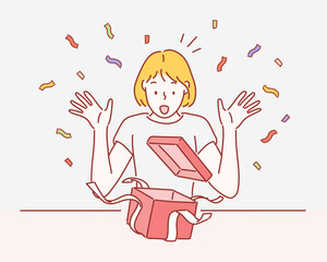 Surprised young woman with open gift box. Hand drawn style vector design illustrations.