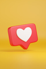 Heart in red speech bubble icon on yellow background. 3d illustration.