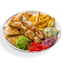souvlaki with chicken and pita on white plate, Greek cuisine isolated on white background side view