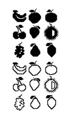 a collection of black and white fruit pixel icon vector illustrations in simple style