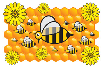 Cute bee and honeycomb. Honey bee vector illustration. Hexagonal honeycomb in yellow