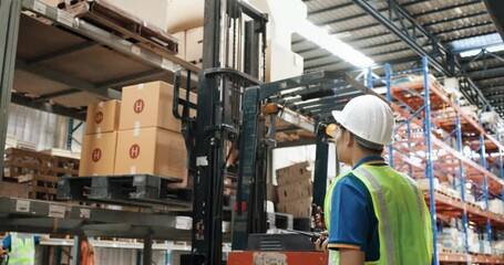 Manager, driver or operator to lift, storage cargo box on shelves, racking in distribution warehouse or store. Concept for business, industry. Include safety equipment i.e. hardhat, vest or waistcoat. - Powered by Adobe