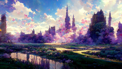 Fototapeta na wymiar Beautiful landscape, fantasy world, suburbs, sky, clouds, digital illustration